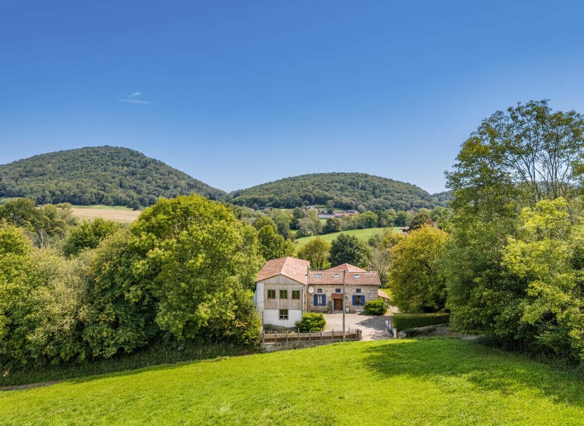 Ferme en pierre avec grange et vue sur les montagnes